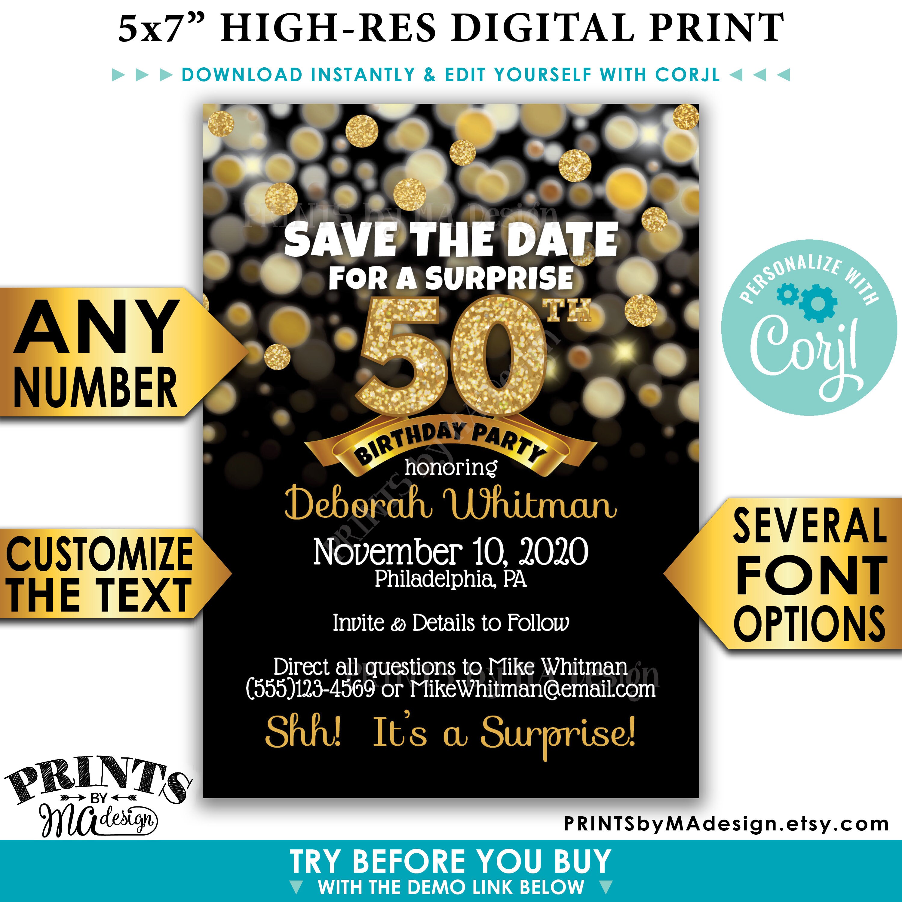 Surprise Birthday Party Save The Date Black Gold Glitter Birthday 