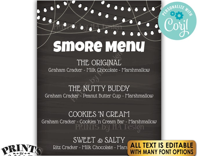 Custom S'more Sign, S'mores Menu, PRINTABLE 8x10/16x20” Chalkboard Style Sign, Smore Station, Lights <Edit Yourself with Corjl>