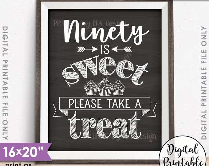 90th Birthday Party Cupcake Sign, Ninety is Sweet Please Take a Treat, PRINTABLE Chalkboard Style 90th Party Décor