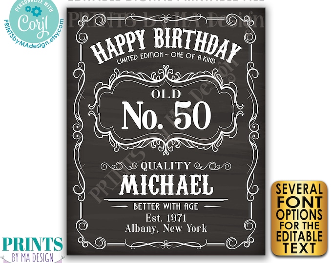 Happy Birthday Vintage Whiskey Themed Birthday Poster, Better with Age, PRINTABLE 16x20” Chalkboard Style Sign <Edit Yourself with Corjl>