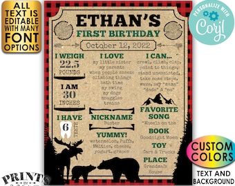 Lumberjack Birthday Poster, Personalized Milestones Board, Custom Colors, PRINTABLE 1st B-day Stats Sign <Edit Yourself w/Corjl>