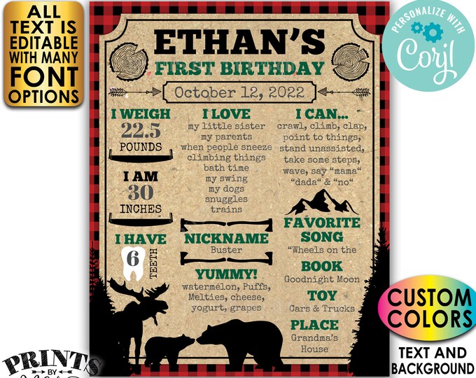 Lumberjack Birthday Poster, Personalized Milestones Board, Custom Colors, PRINTABLE 1st B-day Stats Sign <Edit Yourself w/Corjl>