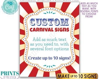 Editable Carnival Signs, Circus Theme Birthday Party, Make Up to 10 Custom PRINTABLE 8x10/16x20” Portrait Signs <Edit Yourself w/Corjl>