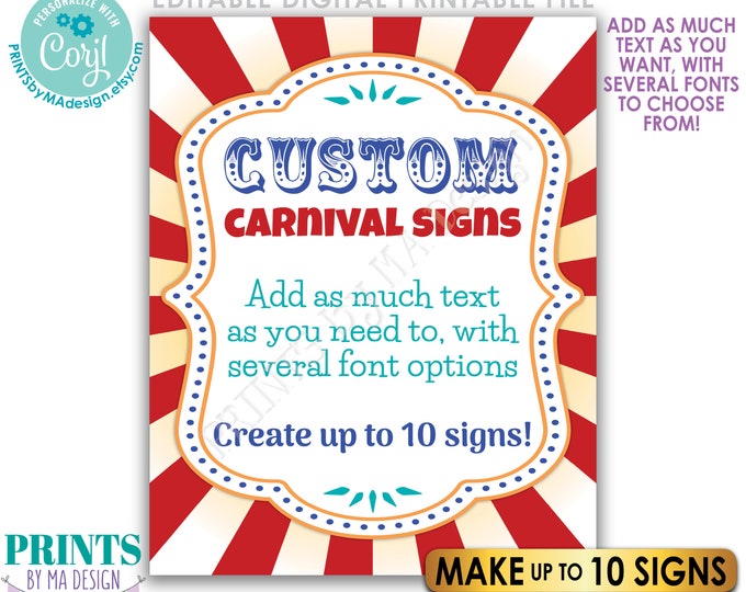 Editable Carnival Signs, Circus Theme Birthday Party, Make Up to 10 Custom PRINTABLE 8x10/16x20” Portrait Signs <Edit Yourself w/Corjl>