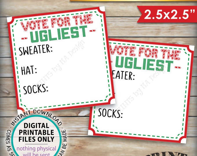 Ugly Christmas Sweater Party Voting Ballots, Vote for the Ugliest Sweater Hat Socks, Tacky Sweater Party, PRINTABLE 2.5" Ballots <ID>