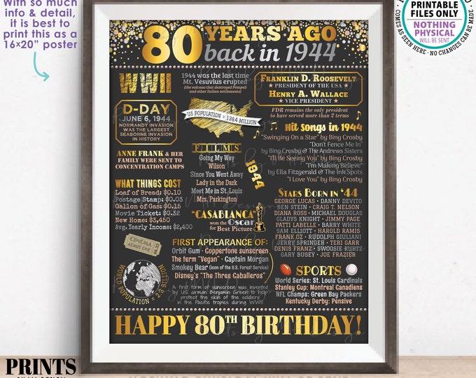 80th Birthday Poster Board, Born in the Year 1944 Flashback 80 Years Ago B-day Gift, PRINTABLE 16x20” Back in 1944 Sign <ID>