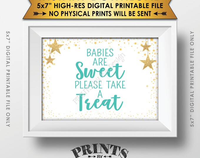 Babies are Sweet Please Take a Treat Sign, Green Dessert Sign Baby Shower Decor, Gold Glitter Twinkle Stars, Instant Download 5x7” Printable