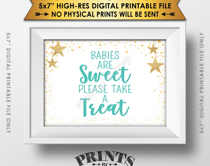 Babies are Sweet Please Take a Treat Sign, Green Dessert Sign Baby Shower Decor, Gold Glitter Twinkle Stars, 5x7” PRINTABLE sign <ID>