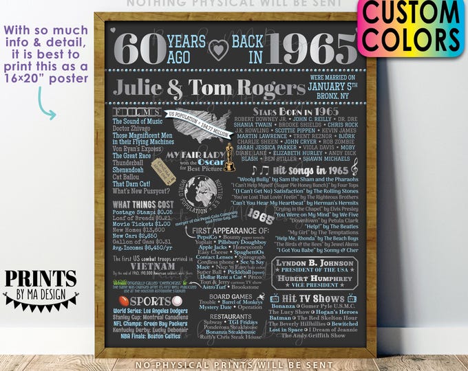 60th Anniversary Poster Board, Back in 1965 Flashback 60 Years, Married in 1965 Anniversary Gift, Custom PRINTABLE 16x20” 1965 Sign