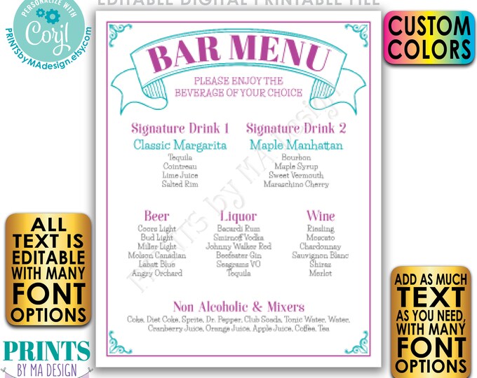 Bar Menu Sign, Custom PRINTABLE 8x10/16x20” Drinks Sign, Birthday Party Graduation Retirement Wedding Reception <Edit Yourself with Corjl>