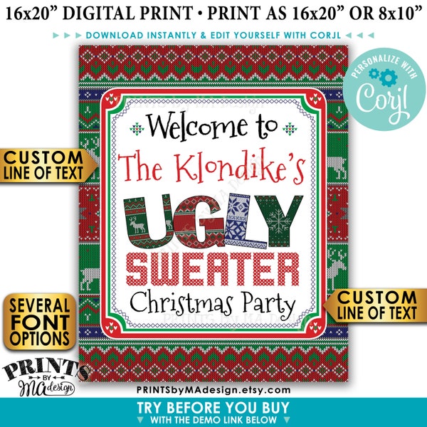 Ugly Sweater Party Welcome Sign, Tacky Sweater, Ugly Christmas Sweater, Custom PRINTABLE 8x10/16x20” Sign <Edit Yourself with Corjl>