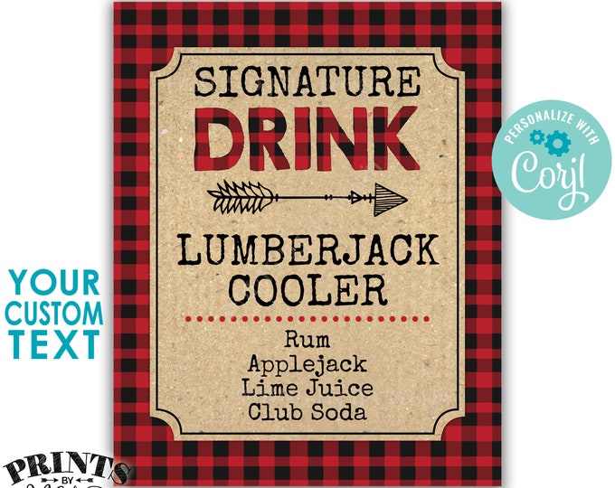 Lumberjack Signature Drink Sign, Christmas Party Cocktail, Red Checker Buffalo Plaid, PRINTABLE 8x10/16x20” Sign <Edit Yourself with Corjl>