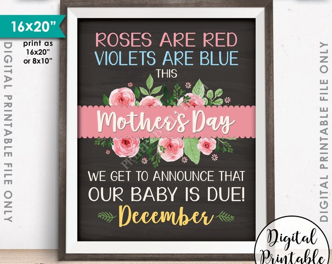 Mother's Day Pregnancy Announcement, New Mommy Mom-to-Be, Baby is Due in DECEMBER Dated Chalkboard Style PRINTABLE Baby Reveal Sign <ID>