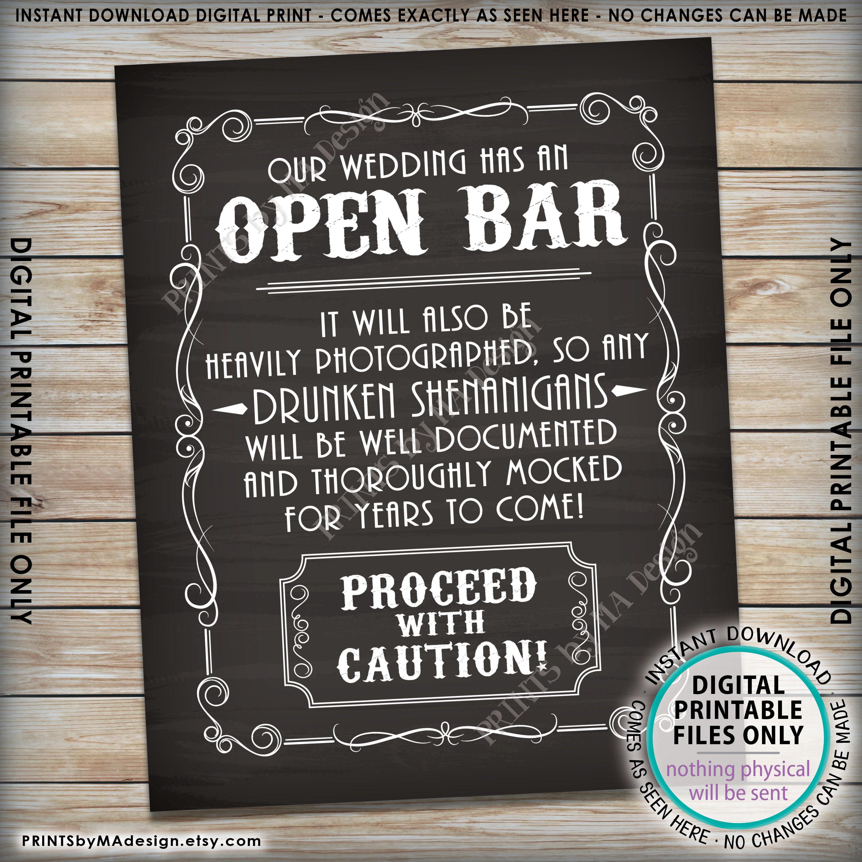 Open Bar Sign, Drunken Shenanigans Sign, Whiskey Alcohol Wedding Bar