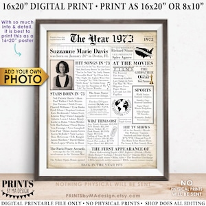 Flashback to 1973 Newspaper, Back in the Year 1973 B-day Gift, Birthday Poster Board with Photo, Custom PRINTABLE 16x20” Decoration