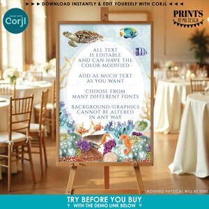 May include: An easel-mounted sign with an underwater theme, featuring illustrations of a sea turtle, fish, and coral. The sign includes editable text options and the phrase "Prints by MA Design."