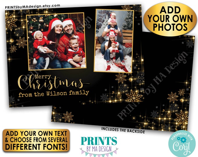 Custom Christmas Card with Photos, Merry Christmas, Custom 2-sided PRINTABLE 5x7" Black & Gold Glitter Card <Edit Yourself w/Corjl>
