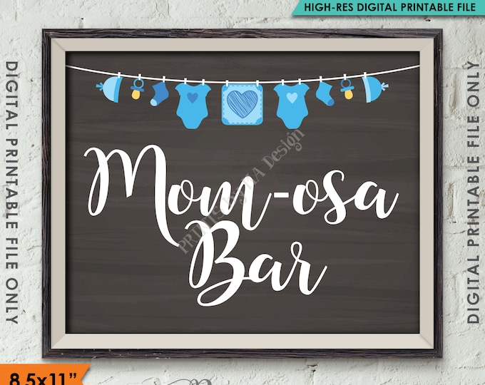 Mimosa Bar Sign, MOMosa Sign, Make a Mimosa Drink Sign, Mom-osa Sign, Blue Clothesline, Instant Download 8.5x11” Chalkboard Style Printable