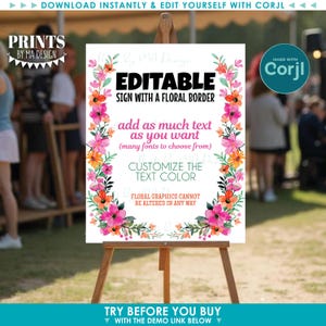 K&ouml;nnte beinhalten: Ein wei&szlig;es Schild mit floralem Rand, das auf einer h&ouml;lzernen Staffelei ausgestellt ist. Das Schild lautet "EDITABLE SIGN WITH A FLORAL BORDER" und erm&ouml;glicht die Textanpassung. Das Design zeigt rosa und orangefarbene Blumen.