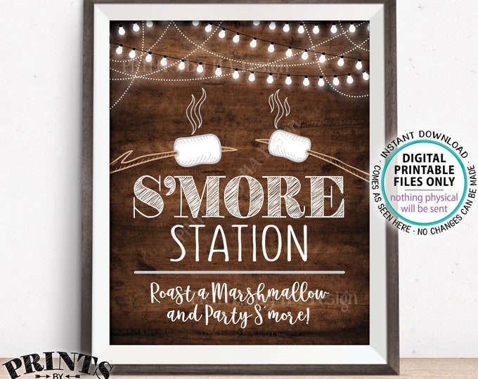 S'more Station Sign, Roast a Marshmallow and Party S'more, PRINTABLE 8x10” Brown Rustic Wood Style Smore Sign <ID>