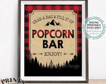 Popcorn Bar Sign, Lumberjack Popcorn Lumberjack Decor, Grab a Bag & Fill it Up, Red Checker Buffalo Plaid, PRINTABLE 8x10" Popcorn Sign <ID>