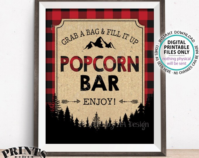 Popcorn Bar Sign, Lumberjack Popcorn Lumberjack Decor, Grab a Bag & Fill it Up, Red Checker Buffalo Plaid, PRINTABLE 8x10" Popcorn Sign <ID>