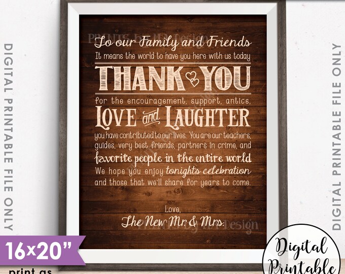 Wedding Thank You Sign, Thanks Chalkboard Wedding Poster, Thank family & friends, 8x10/16x20” Rustic Wood Style Printable Instant Download