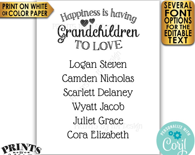 Grandchildren Sign with Names of Grandkids, Grandparents Gift, PRINTABLE 8x10/16x20” Black & White Sign <Edit Yourself with Corjl>