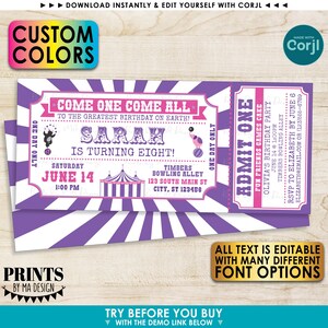 Circus Ticket Invitation, Custom Carnival Theme Invite, All Text Editable, Includes Back, One PRINTABLE 4x9" Ticket <Edit Yourself w/Corjl> image 3