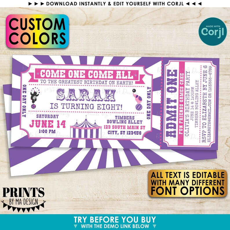 Circus Ticket Invitation, Custom Carnival Theme Invite, All Text Editable, Includes Back, One PRINTABLE 4x9" Ticket <Edit Yourself w/Corjl> image 3