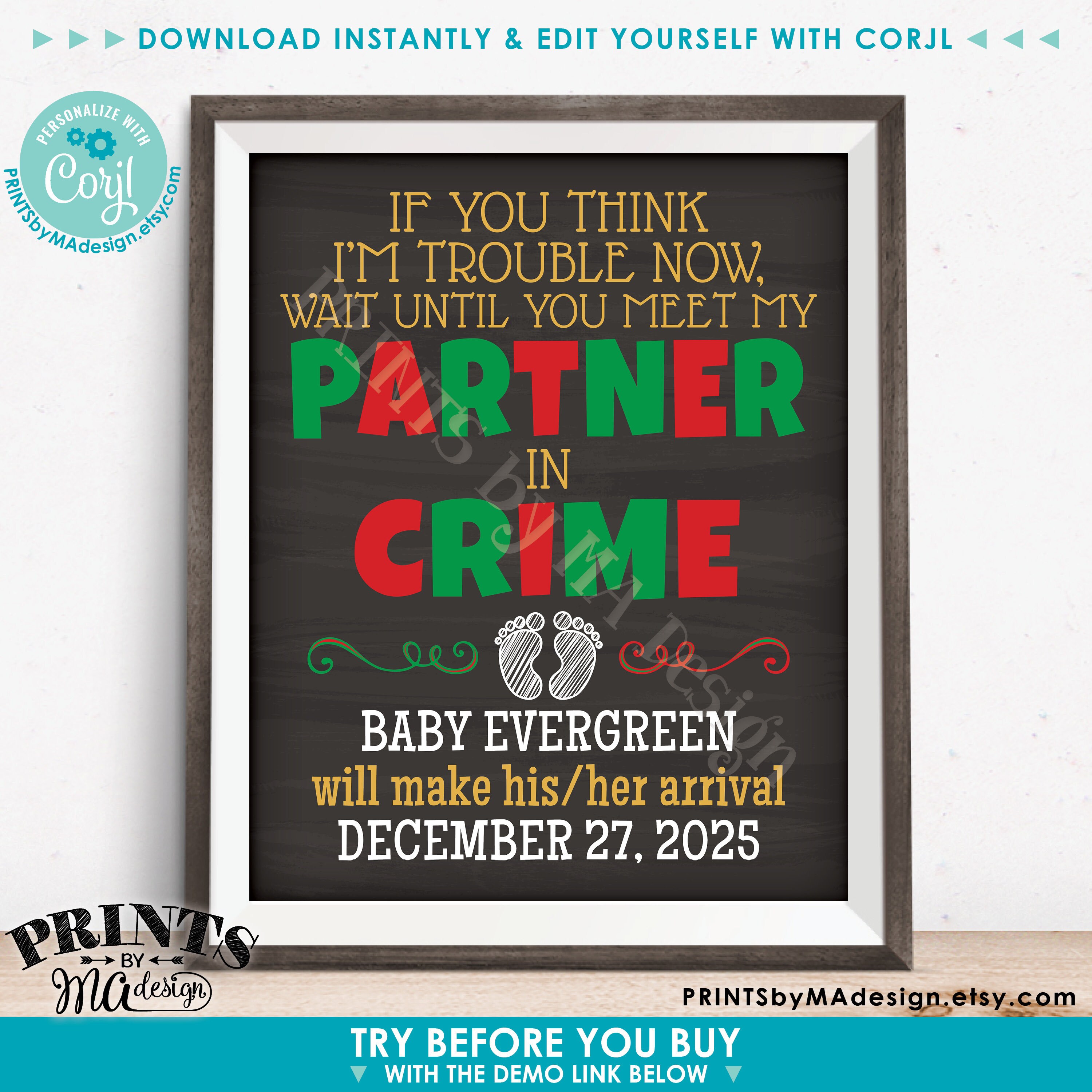 Meet My Partner in Crime Pregnancy Announcement Sign, Baby ...