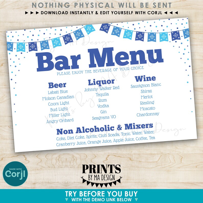 May include: A printable bar menu template with a blue and white fiesta theme. The menu is divided into three sections: Beer, Liquor, and Wine. The template also includes a section for non-alcoholic beverages. The text "Bar Menu" is in bold blue letters at the top of the page.