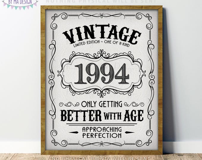 1994 Birthday Sign, Better with Age Vintage Birthday Poster, Aged to Perfection, Textured Style PRINTABLE 8x10/16x20” Instant Download Sign