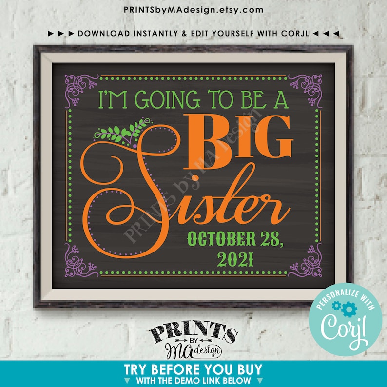 PRINTABLE Chalkboard Style Baby #2 Sign I/'m going to be a Big Sister Pregnancy Announcement Sign Baby Number 2