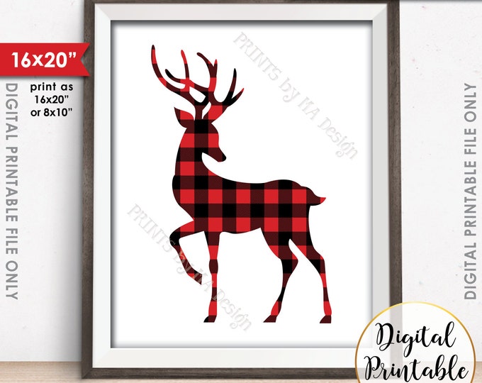Reindeer Christmas Decor, Lumberjack Reindeer, Red Checker Deer, Lumberjack Deer Sign, Buffalo Plaid Deer, Instant Download PRTINTABLE Art