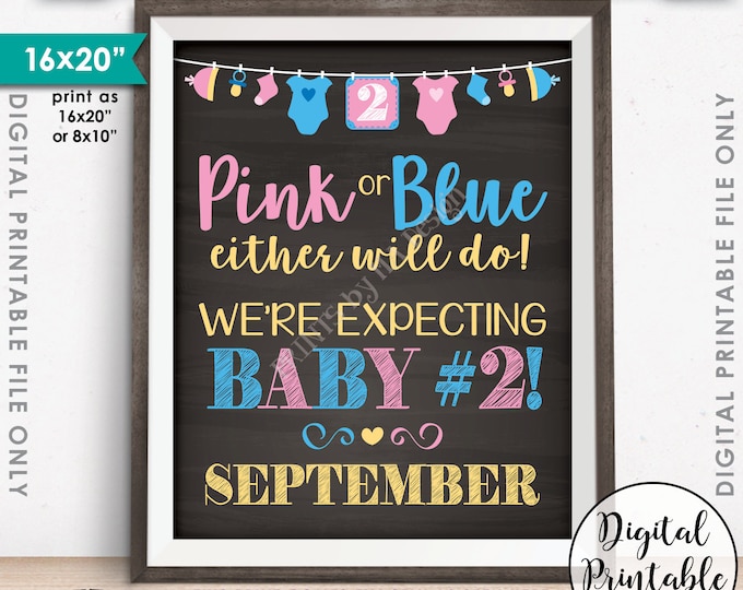Pink or Blue Baby Number 2 Pregnancy Announcement, We're Expecting Baby #2 in SEPTEMBER Dated Chalkboard Style PRINTABLE Reveal Sign <ID>
