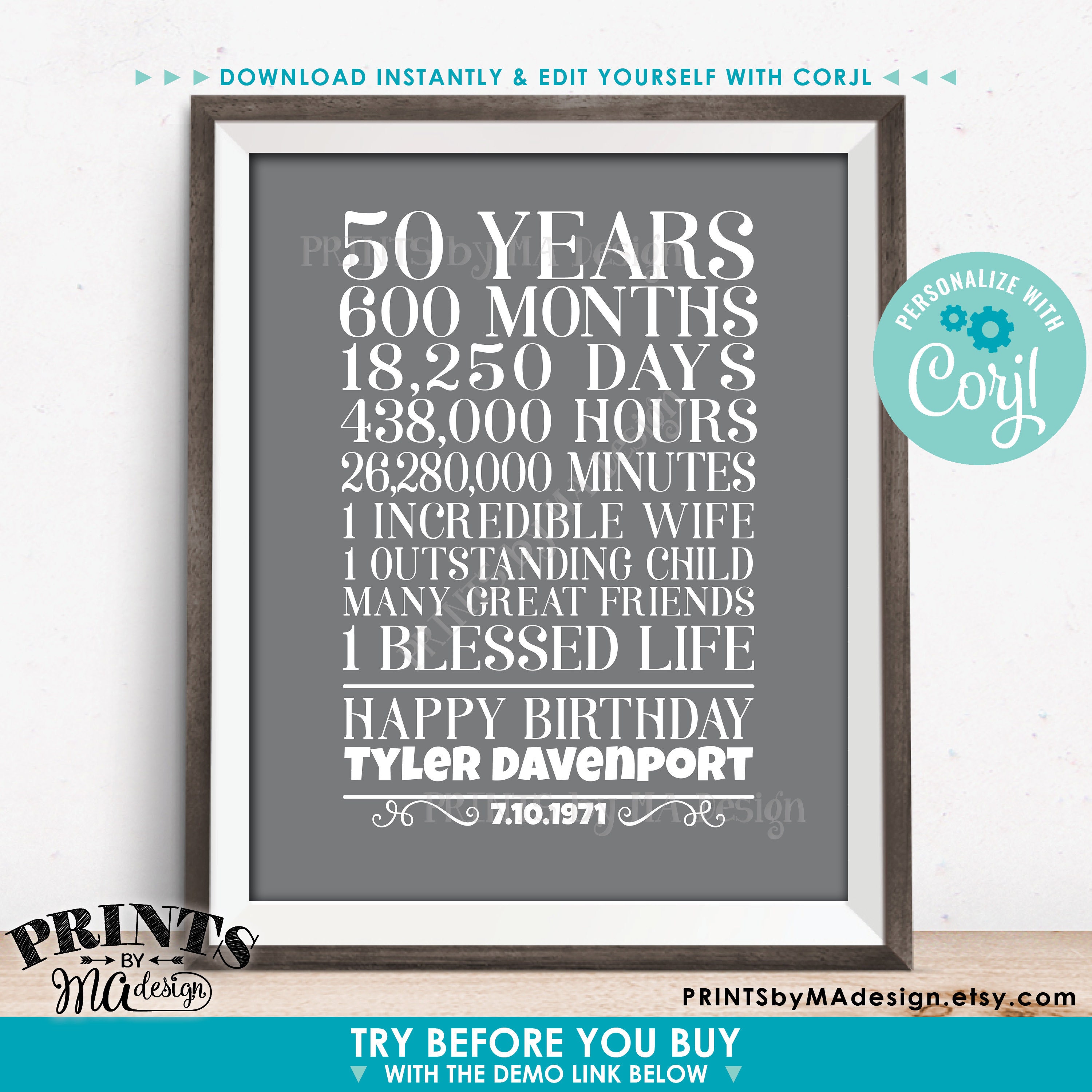 50th Birthday Gift for a Man, 50 Years Broken Down, Custom PRINTABLE