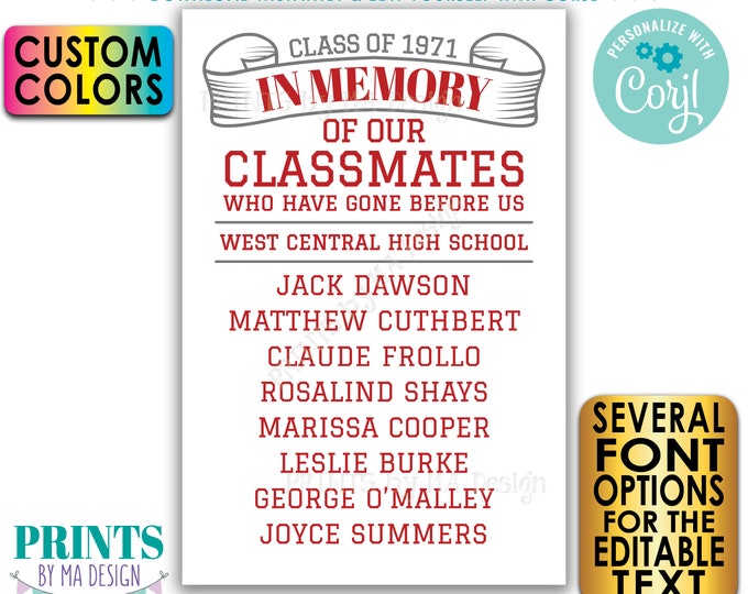 Reunion Memorial, In Memory of the Classmates Who Have Gone Before Us, Custom PRINTABLE 24x36” Sign <Edit Yourself with Corjl>