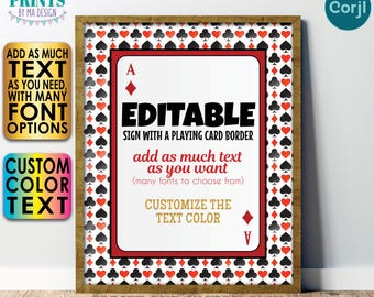 Editable Playing Cards Sign, Suits, One Custom PRINTABLE 8x10/16x20” Portrait Sign, Choose Your Text <Edit Yourself w/Corjl>
