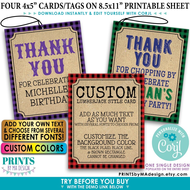 May include: Four 4x5 inch printable cards or tags with a lumberjack theme. The cards have a brown background with a black and red plaid border. The text on the cards says "Thank You" and "Custom Lumberjack Style Card".