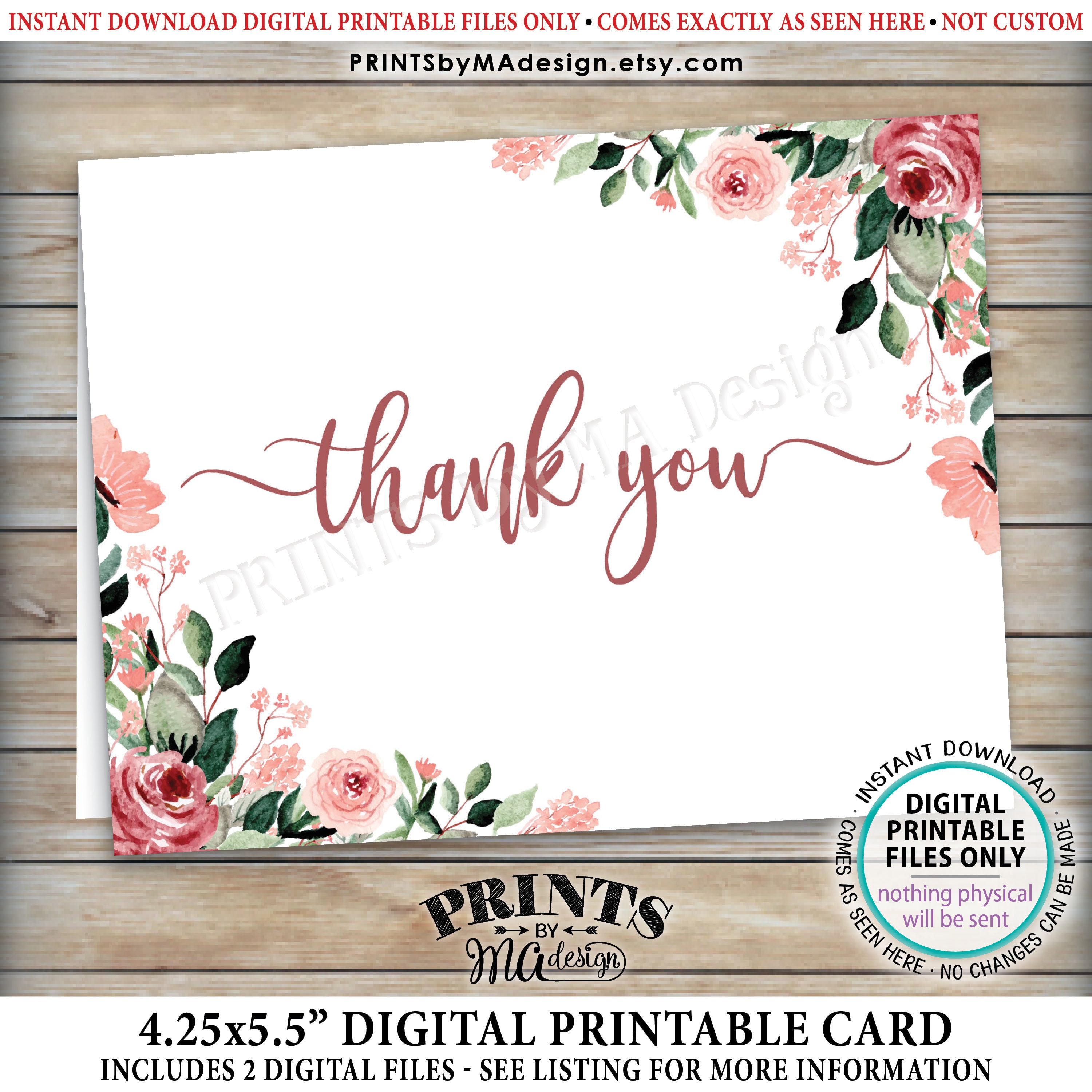 Blush Floral Thank You Card, Bridal Shower, Baby Shower, PRINTABLE 4.25x5.5” folded, 8.5x5.5