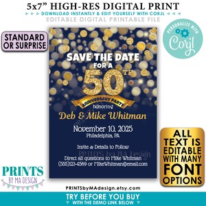 Bearbeitbare Marineblau & Gold Glitter Jubiläumsparty Save the Date einladen, PRINTABLE 5x7 "Goldene Einladung <Bearbeiten Sie sich mit Corjl>
