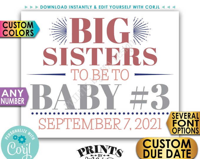 Big Sisters Pregnancy Announcement, Baby #3 #4 #5 etc. Any Number, PRINTABLE 8x10/16x20” Baby Reveal Sign <Edit Yourself with Corjl>