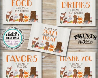 Woodland Animal Baby Shower Signs, Bundle Pack, Food Drinks Favors, Woodland Animals, Forest Friends Decorations, 5 PRINTABLE 5x7” Sign <ID>