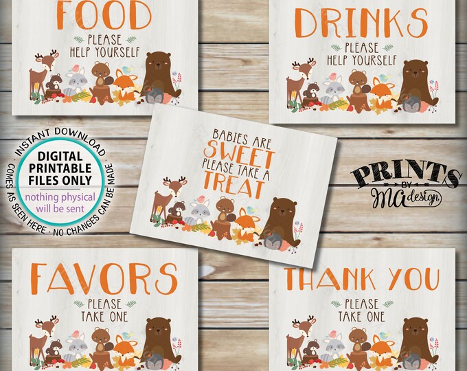 Woodland Animal Baby Shower Signs, Bundle Pack, Food Drinks Favors, Woodland Animals, Forest Friends Decorations, 5 PRINTABLE 5x7” Sign <ID>