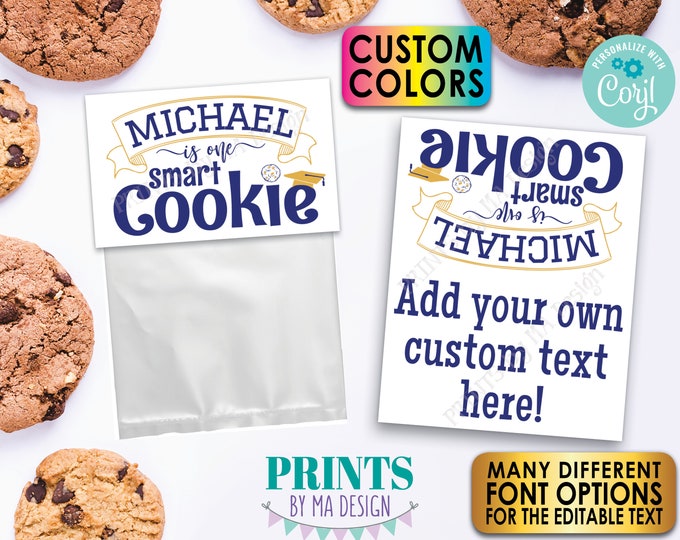 One Smart Cookie Graduation Party Goodie Bag Labels, Grad Party Favors, One PRINTABLE 8.5x11" Sheet of 4x5" Cards <Edit Yourself with Corjl>