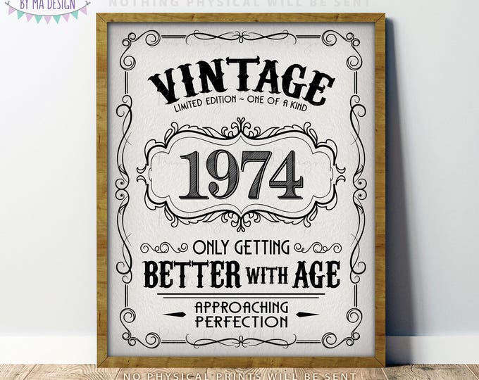 1974 Birthday Sign, Better with Age Vintage Birthday Poster, Aged to Perfection, Textured Style PRINTABLE 8x10/16x20” Instant Download Sign