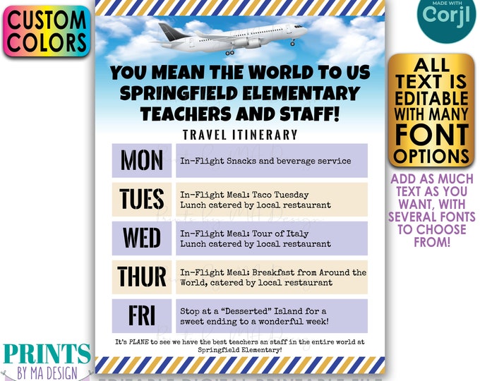 Teacher Appreciation Week Schedule Editable Template, Travel Itinerary, One Custom PRINTABLE 8.5x11" Digital File <Edit Yourself w/Corjl>