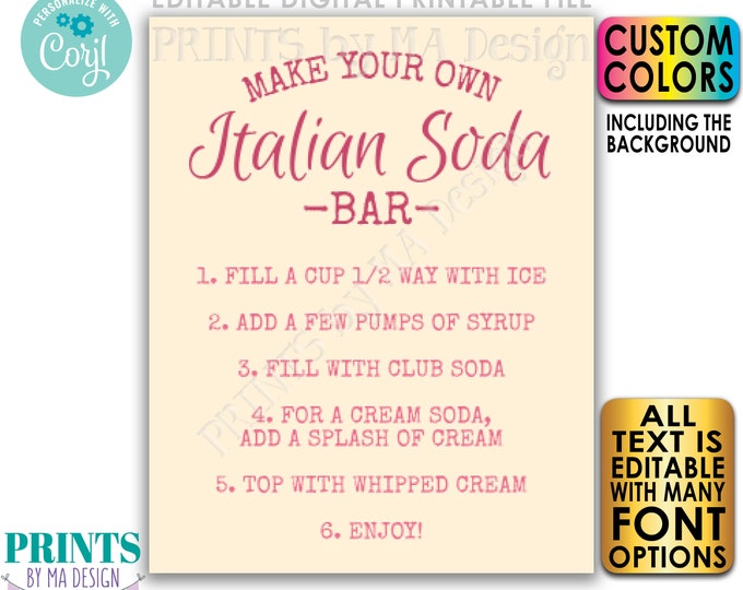 Editable Italian Soda Bar Sign, Make Your Own Cream Soda, One PRINTABLE 8x10/16x20” Sign with Custom Text & Colors <Edit Yourself w/Corjl>