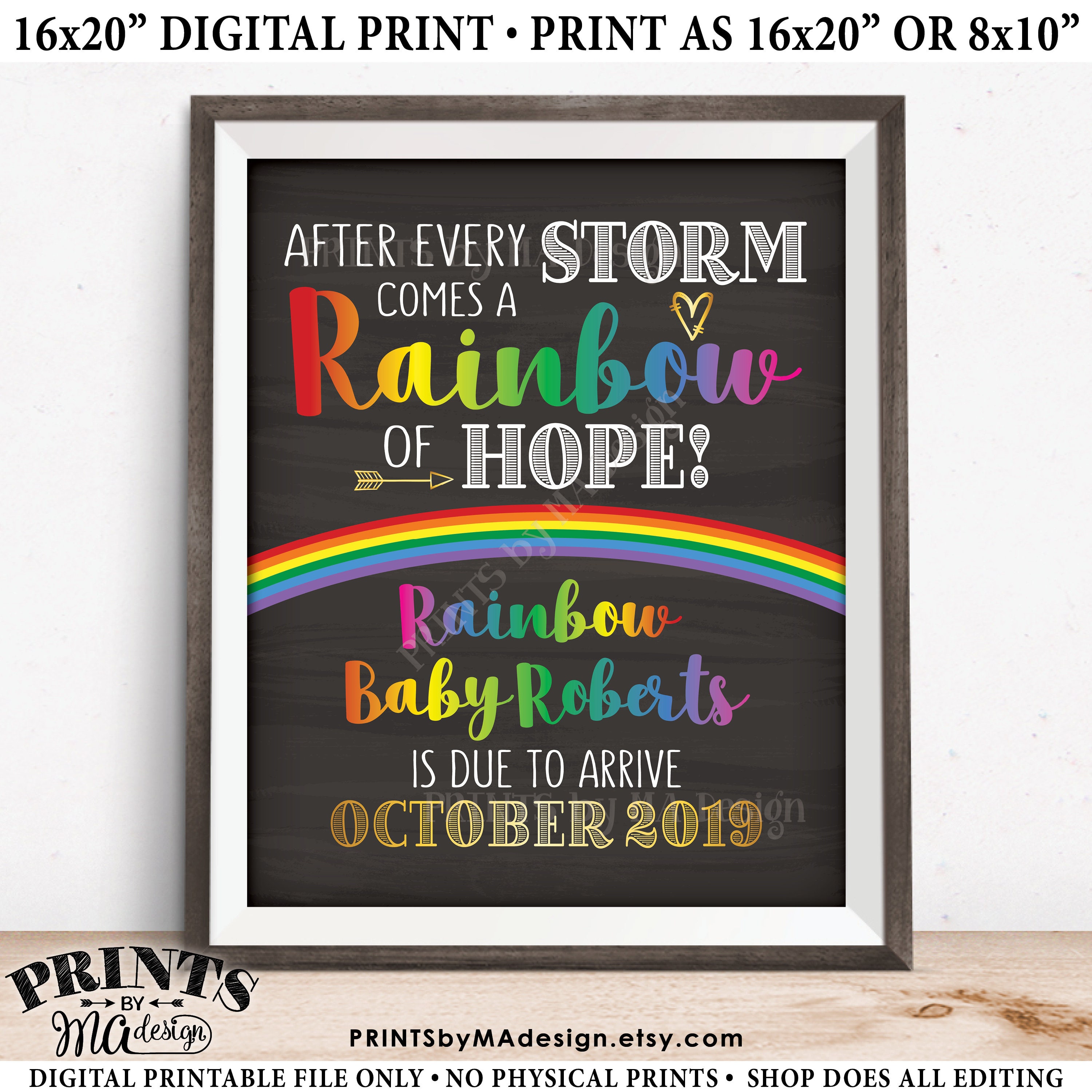 Download Rainbow Baby Pregnancy Announcement Hope Pregnancy Reveal After Loss Custom Name Chalkboard Style Printable 8x10 16x20 Rainbow Baby Sign